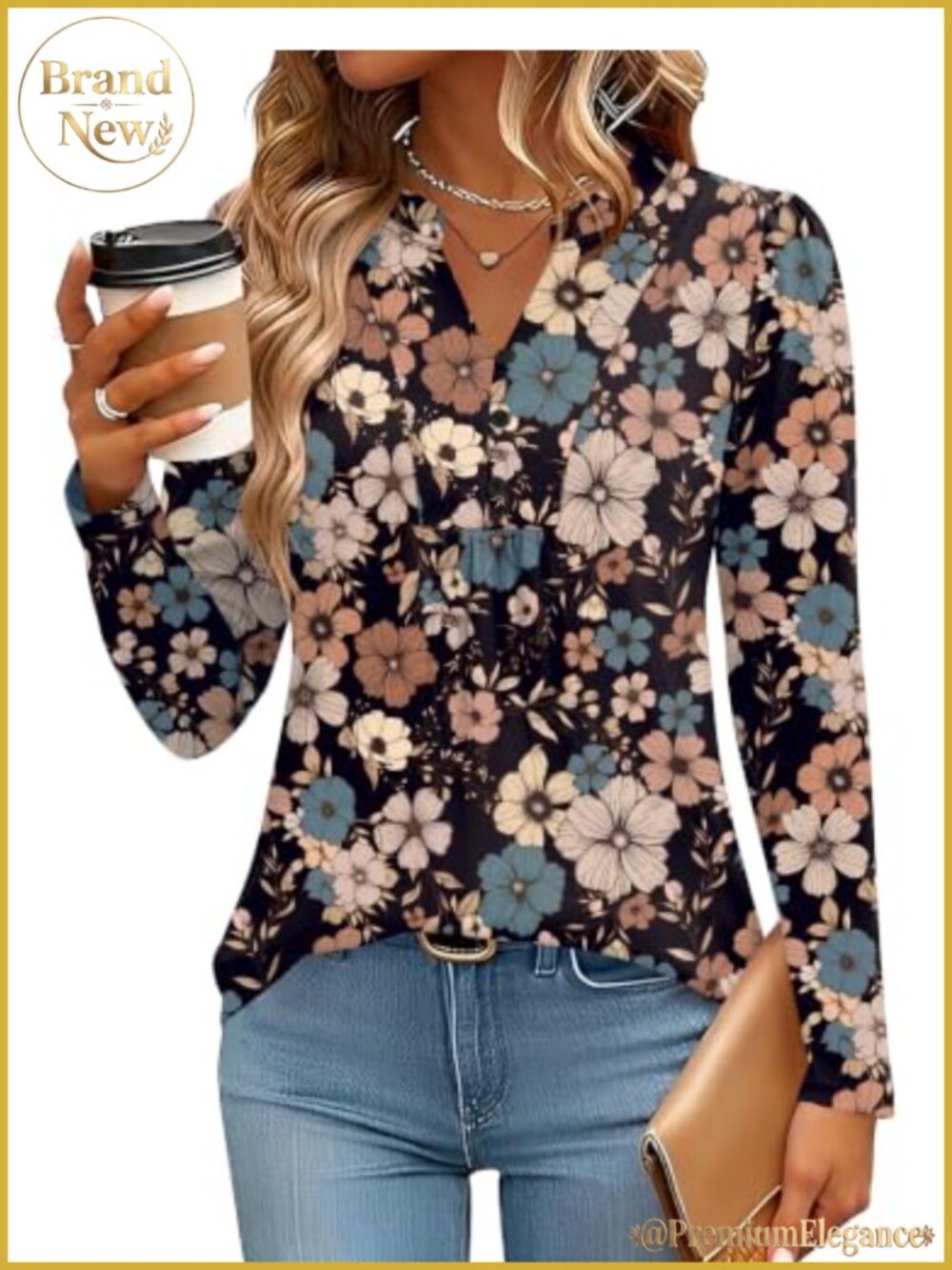 Women's Pleated Henley V-Neck Long Sleeve Tunic Blouse Puff Sleeve Work Top